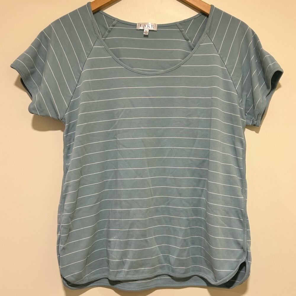 LAKE Pima Cotton Sleep Top Short Sleeve Blue Striped Size Large